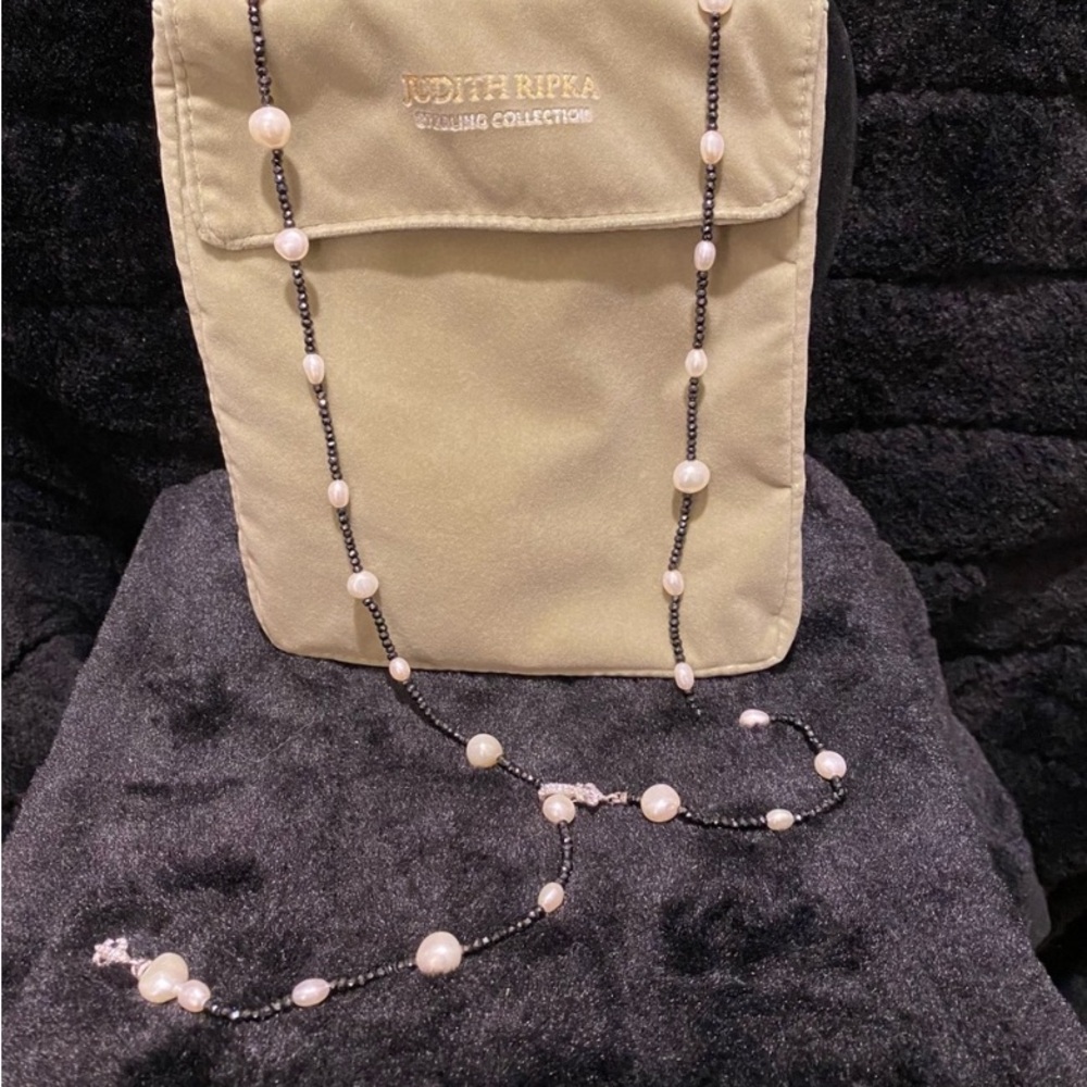 Judith Ripka Black spinel and White Pearl lariat Necklace